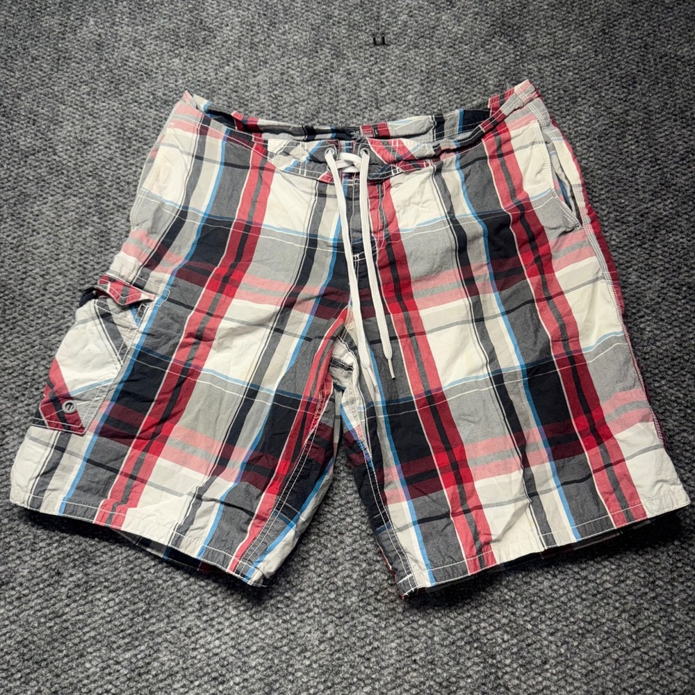 Old Navy Mens Plaid Board Shorts Red White Blue Cargo Pocket SwimTrunks L preppy